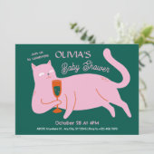 Rosa grüne Katze niedliche Babydusche Einladung (Stehend Vorderseite)