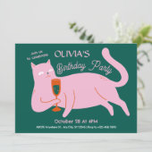 Rosa grüne Katze zum Geburtstag Einladung (Stehend Vorderseite)
