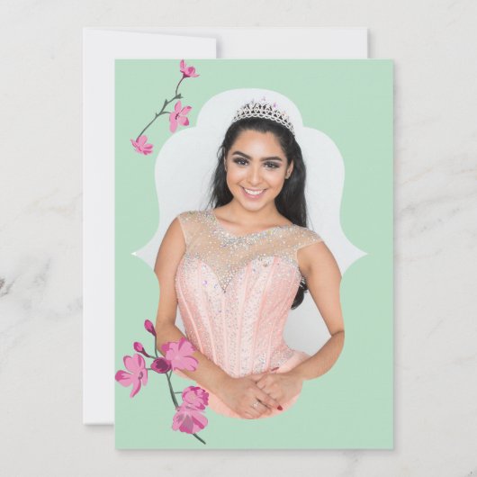 Rosa, grüne Kirschblüte, Foto Quinceanera Einladung (Rückseite)