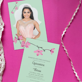 Rosa, grüne Kirschblüte, Foto Quinceanera Einladung