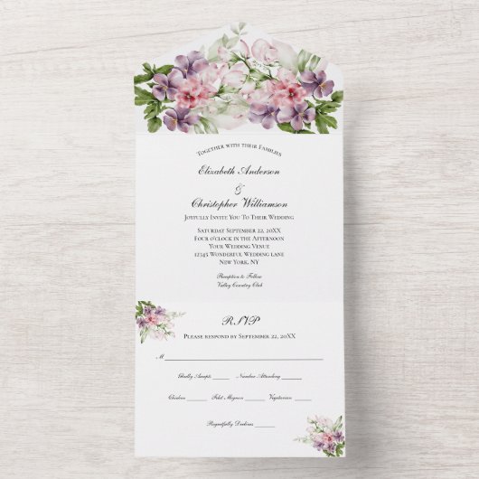 Rosa Grüne Lila Blüte Elegante Klassische Hochzeit All In One Einladung (Innen Boden)