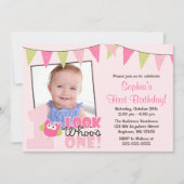 Rosa grüne Mädchen-Eulen-1. Einladung (Vorderseite)