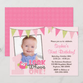 Rosa grüne Mädchen-Eulen-1. Einladung (Vorne/Hinten)