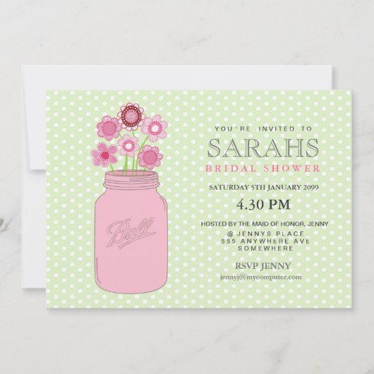 Rosa + Grüne Mason Jar Blume Brautparty Party Einladung (Vorderseite)