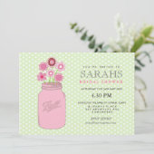 Rosa + Grüne Mason Jar Blume Brautparty Party Einladung (Stehend Vorderseite)