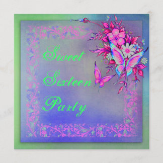 Rosa grüne Neon Grunge Butterfly Sweet 16 Birthday Einladung