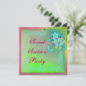 Rosa grüne Neon Grunge Butterfly Sweet 16 Birthday Einladung (Stehend Vorderseite)