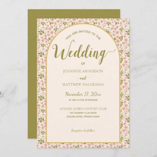 Rosa, grüne Olive-Arch-Form Einladung (Vorne/Hinten)