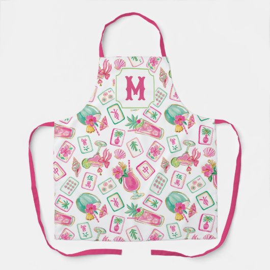 Rosa & Grüne Palm Beach Mahjong & Mixers Monogramm Schürze (Vorderseite)