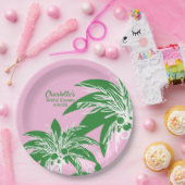 Rosa grüne Palme Tree Tropischer Brautparty Name Pappteller (Party)