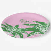 Rosa grüne Palme Tree Tropischer Brautparty Name Pappteller (Schrägansicht)