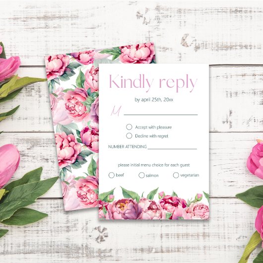 Rosa-grüne Peonies-Menü Wahl Hochzeitsrabatt RSVP Karte