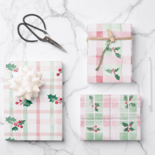 Rosa Grüne Retro Weihnachtswrapping Papierblätter Geschenkpapier Set