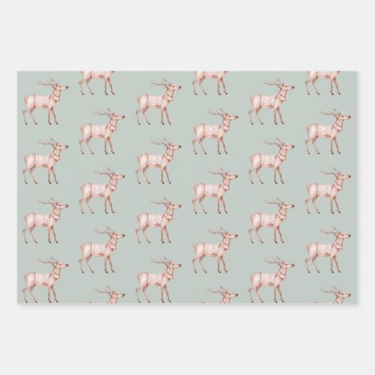 Rosa Grüne Rosa Hirschbaumen Weihnachtsbaum Geschenkpapier Set (Vorderseite)