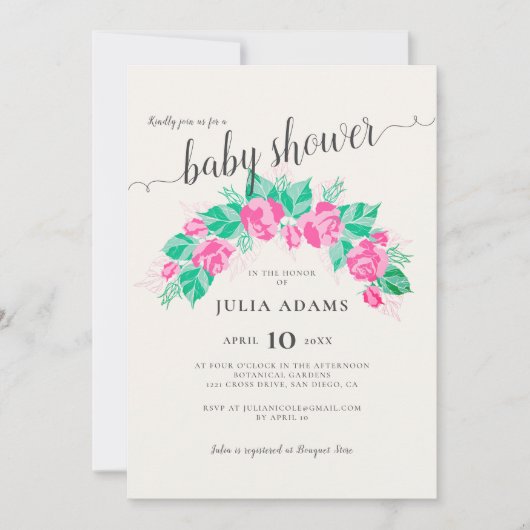 Rosa Grüne Rose Blume Garden Kinderdusche Einladung (Vorderseite)