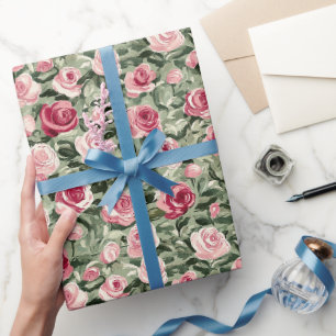 Rosa grüne Rose Blumengeburt Geschenkpapier