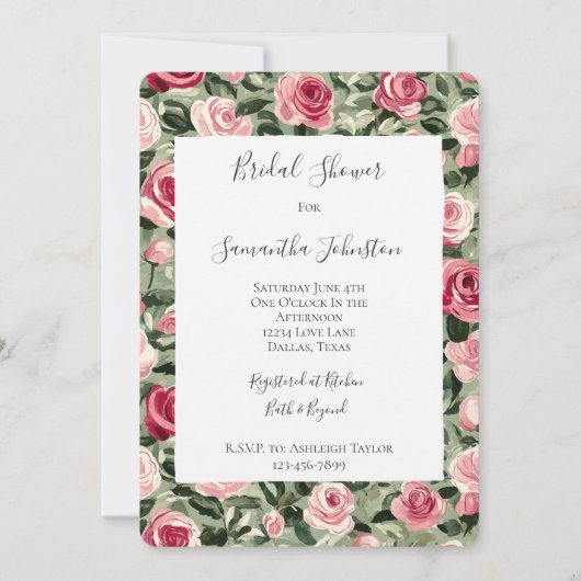 Rosa grüne Rose Blumenstrauß Brautparty Einladung (Vorderseite)