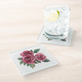 Rosa grüne Rose Glasuntersetzer (Schrägansicht)