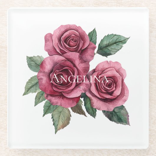 Rosa grüne Rose Glasuntersetzer (Vorderseite)