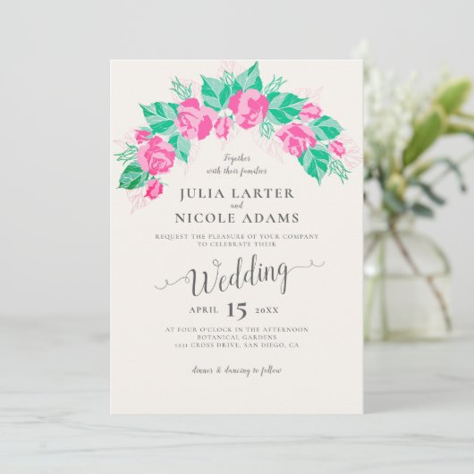 Rosa Grüne Rose Petals Blume Hochzeit Garten Einladung (Stehend Vorderseite)