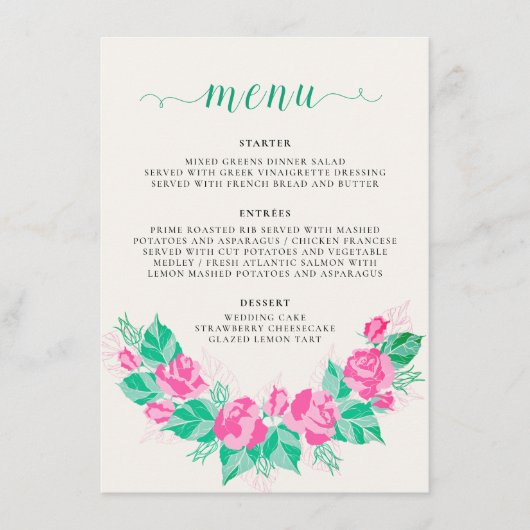 Rosa Grüne Rose Petals Blume Hochzeit Garten Menükarte (Vorderseite)