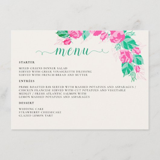 Rosa Grüne Rose Petals Blume Hochzeit Garten Menükarte (Vorderseite)