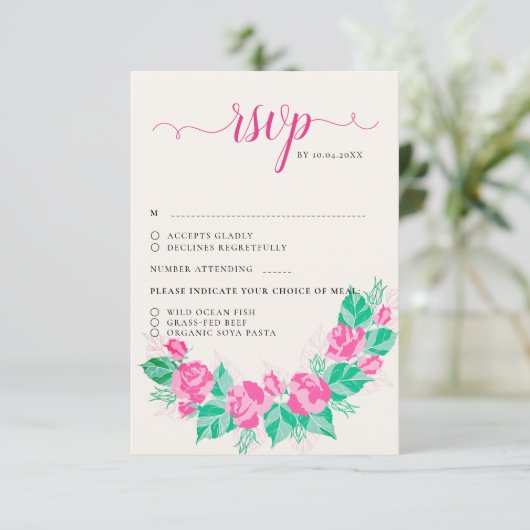 Rosa Grüne Rose Petals Blume Hochzeit Garten RSVP Karte (Stehend Vorderseite)