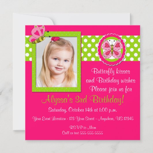 Rosa grüne Schmetterlings-Geburtstags-Einladung Einladung (Vorderseite)