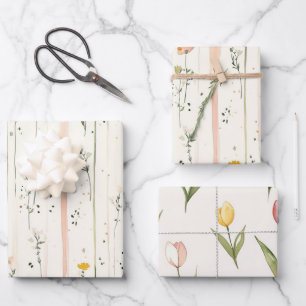 Rosa Grüne Streifen Blumen Tulpen Junggesellinnena Geschenkpapier Set