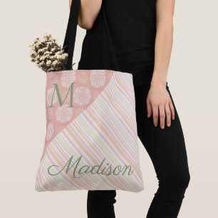 Rosa grüne trendfarbene Streifen Name Monogramm Tasche