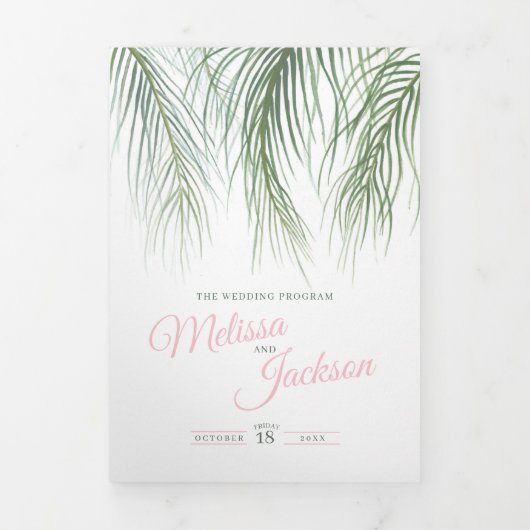 Rosa grüne tropische Palmen Aquarellkunst Hochzeit Dreifach-gefaltete Programmkarte (Cover)