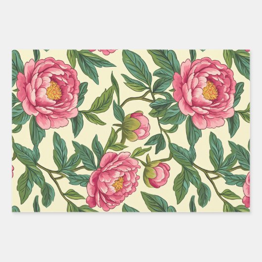 Rosa, grüne und gelbe Chinoiserie Blumen Geschenkpapier Set (Vorderseite)