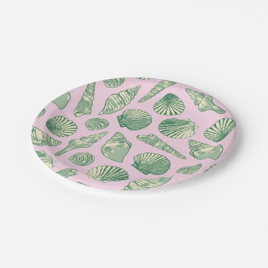 Rosa, grüne und gelbe Küstenmuscheln Pappteller (Schrägansicht)