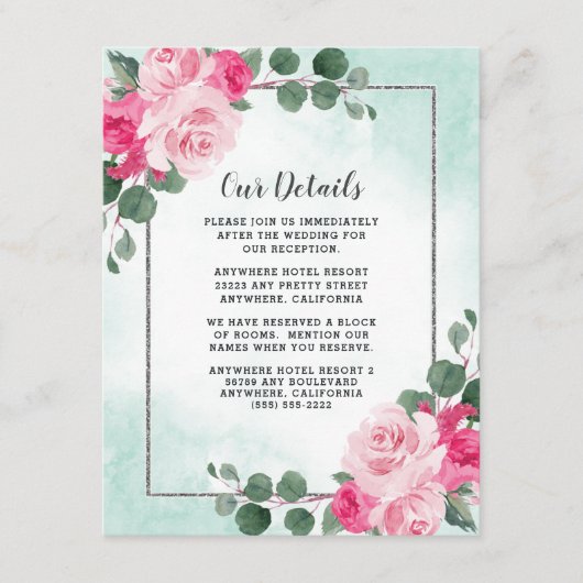 Rosa Grüne und Silberfarben Blumenzehen Begleitkarte (Vorderseite)