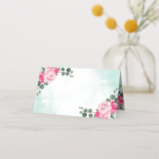 Rosa Grüne und Silberfarben Blumenzehen Platzkarte (Rückseite)