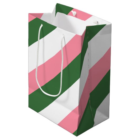 Rosa, grüne und weiße Streifen Mittlere Geschenktüte (Vorderseite Schrägansicht)