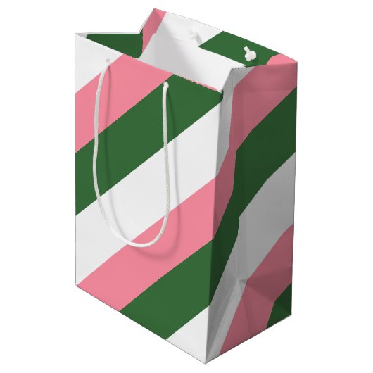 Rosa, grüne und weiße Streifen Mittlere Geschenktüte (Rückseite Schrägansicht)