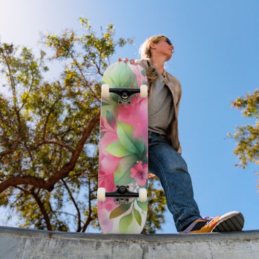 Rosa Grüne Wasserfarbe Botanische Blüte Skateboard (Außenbereich 1)