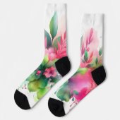 Rosa Grüne Wasserfarbe Botanische Blüte Socken (Linkes Detail)