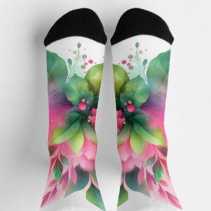 Rosa Grüne Wasserfarbe Botanische Blüte Socken