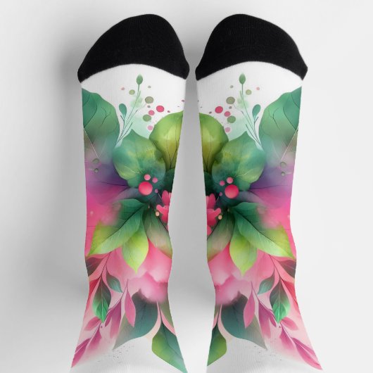 Rosa Grüne Wasserfarbe Botanische Blüte Socken (Oben)