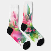 Rosa Grüne Wasserfarbe Botanische Blüte Socken (Rechts)