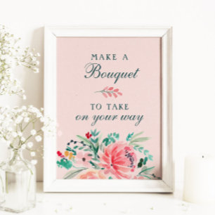 Rosa grüne Wasserfarbe Floral Bouquet Gefallen Zei Poster