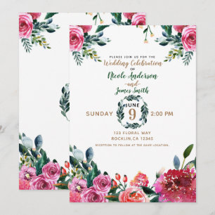 Rosa grüne Wasserfarbe Vintage-Blumen-Hochzeit Einladung