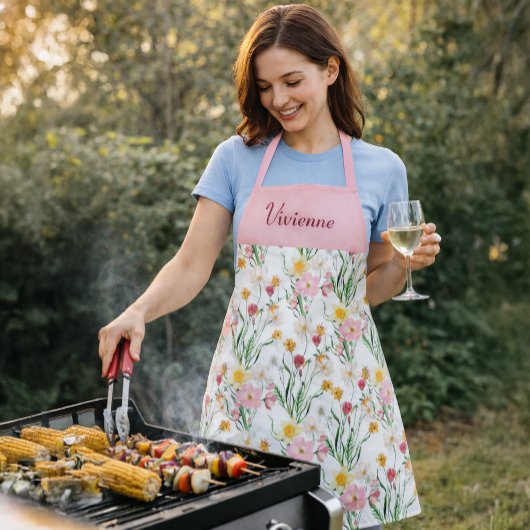 Rosa grüne Wasserfarbe Wildblume Benutzername Schürze