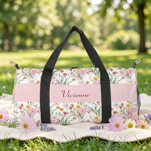 Rosa grüne Wasserfarbe Wildblumen-Monogramm Duffle Bag