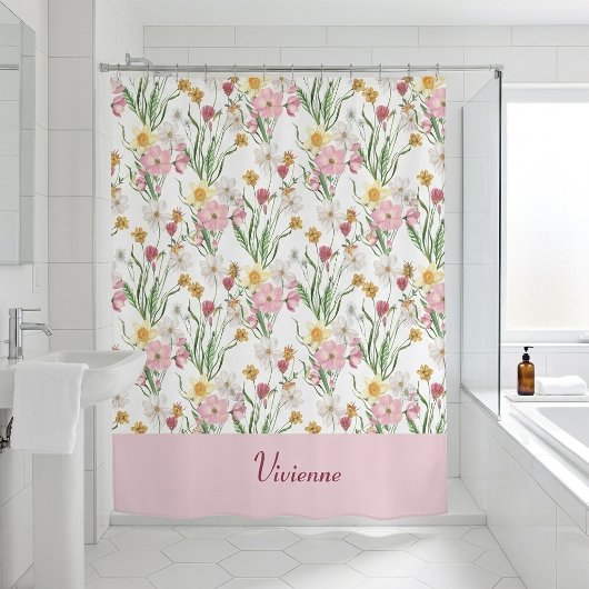 Rosa grüne Wasserfarbe Wildblumen-Monogramm Duschvorhang