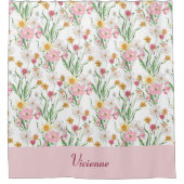 Rosa grüne Wasserfarbe Wildblumen-Monogramm Duschvorhang (Vorderseite)