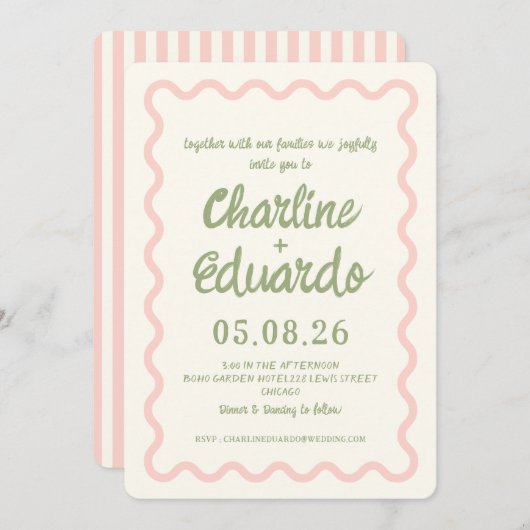 Rosa grüne, wavy Border Pastel Hochzeit Einladung (Vorne/Hinten)