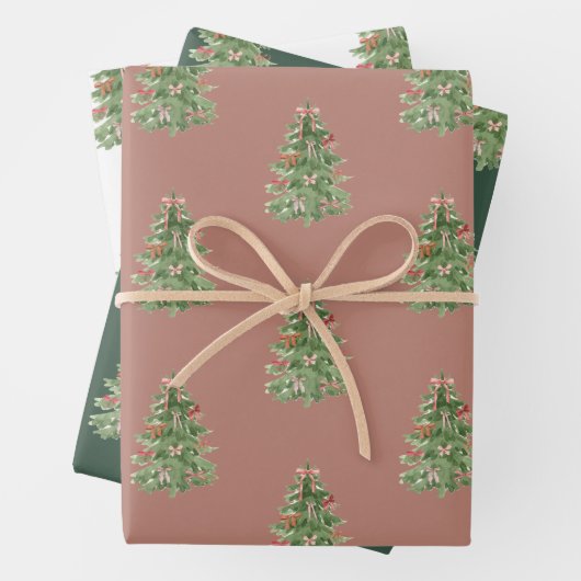 Rosa Grüne Weihnachtsbaumen Bow Geschenkpapier Set (Beispiel)